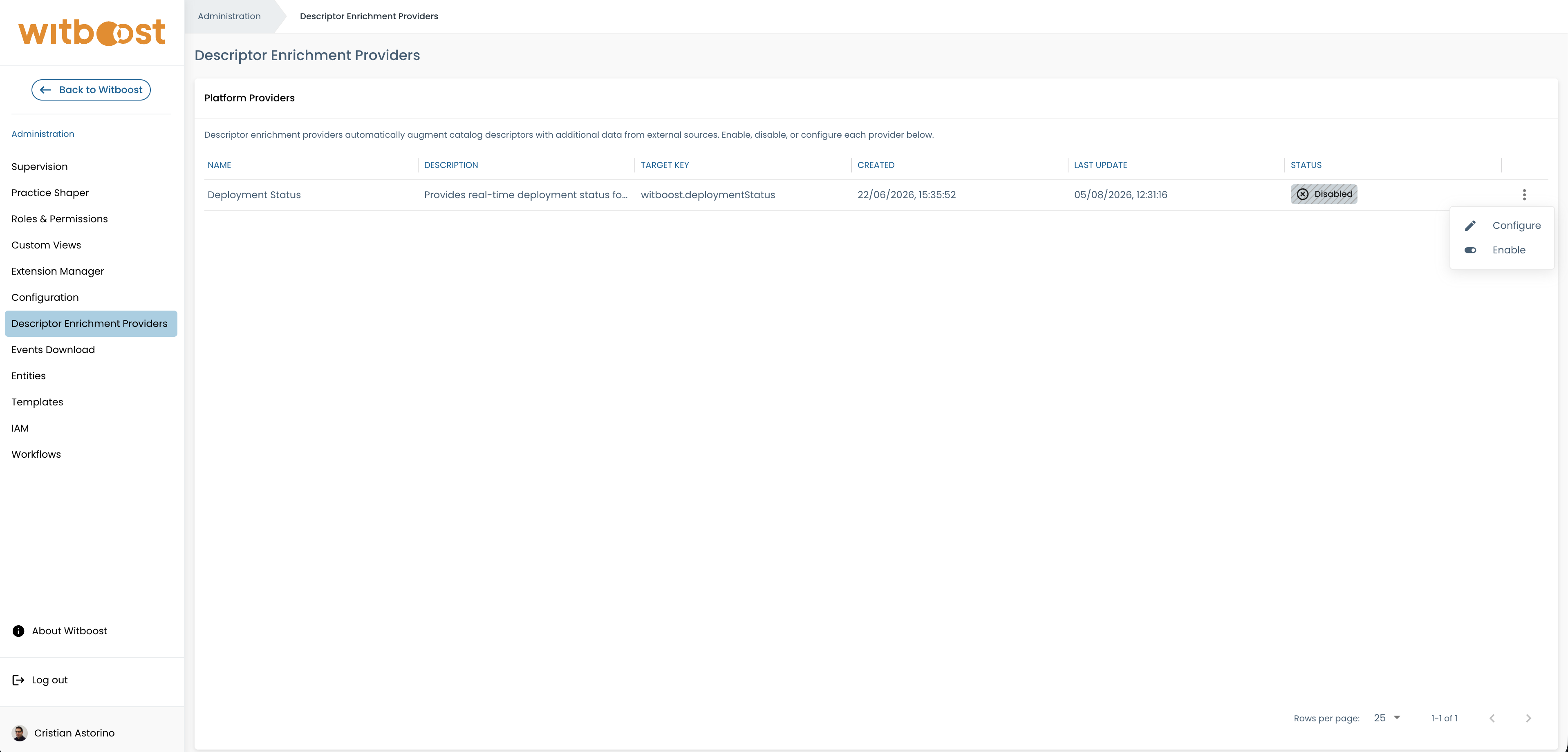 Admin panel showing Descriptor Enrichment Providers list