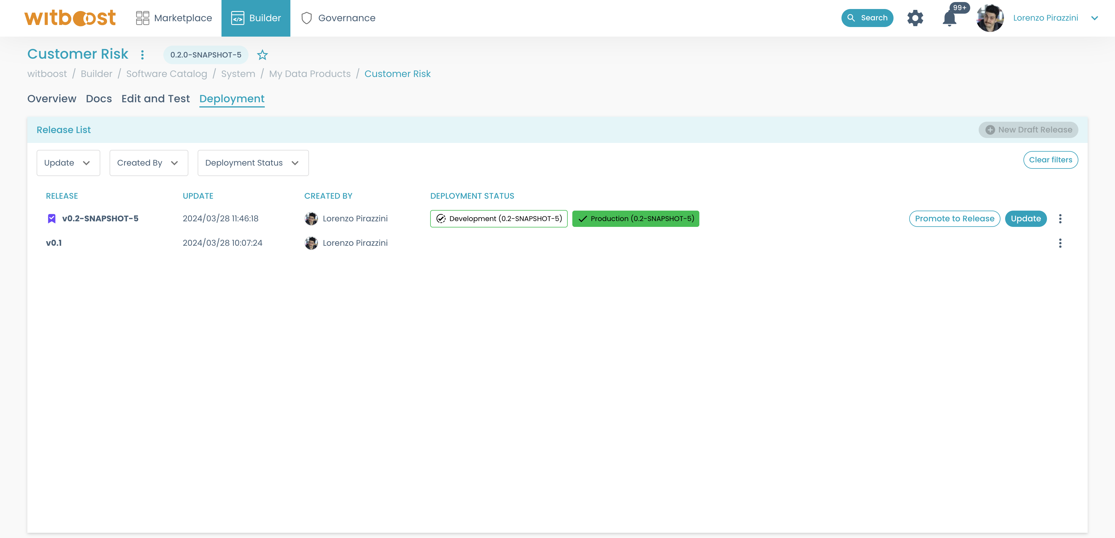 Data Product deployment page