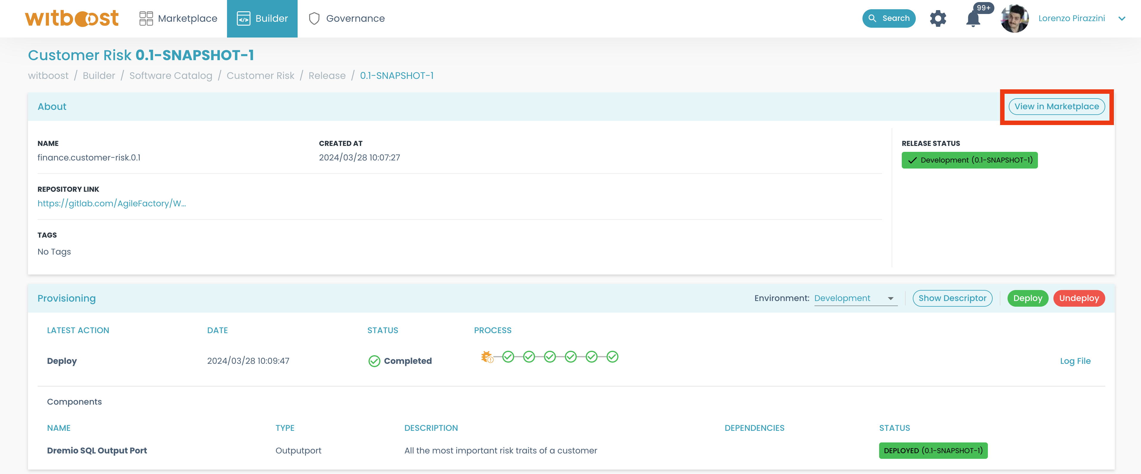 Snapshot deploy completed view in marketplace